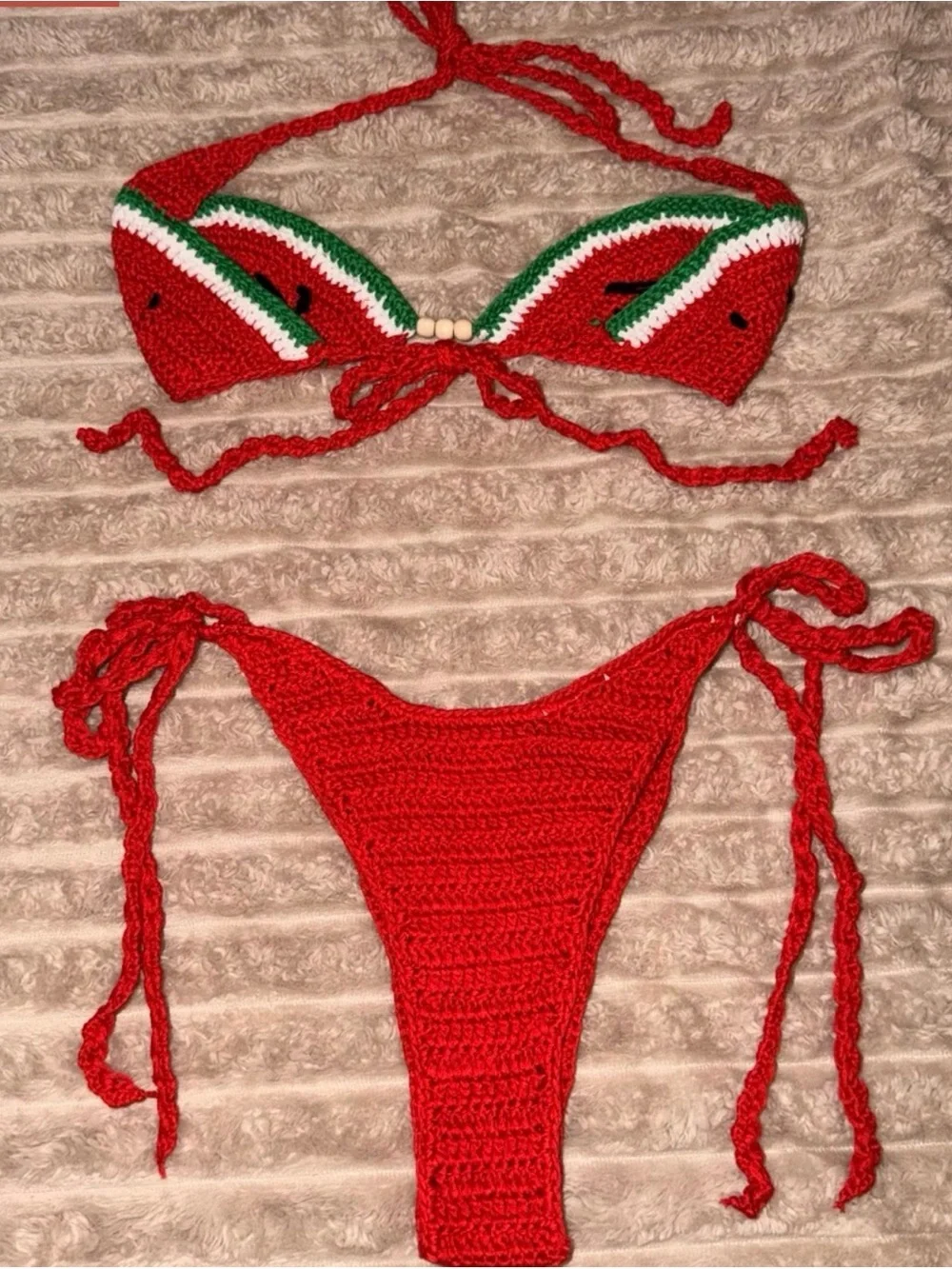 Red Watermelon Crochet Bikini Set - Women's Tie Side Swimwear